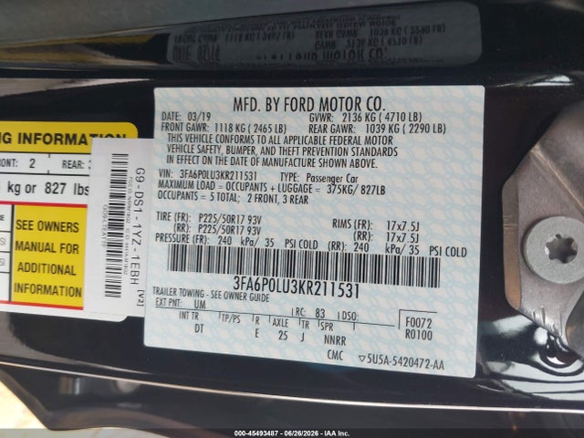 Ford Fusion Hybrid Se 2019 3FA6P0LU3KR211531 Image 9