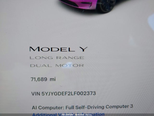 2020 Tesla Model Y Long Range Dual Motor All-wheel Drive/performance Dual Motor All-wheel Drive მანქანა იყიდება აუქციონზე, vin: 5YJYGDEF2LF002373, აუქციონის ნომერი: 45493494