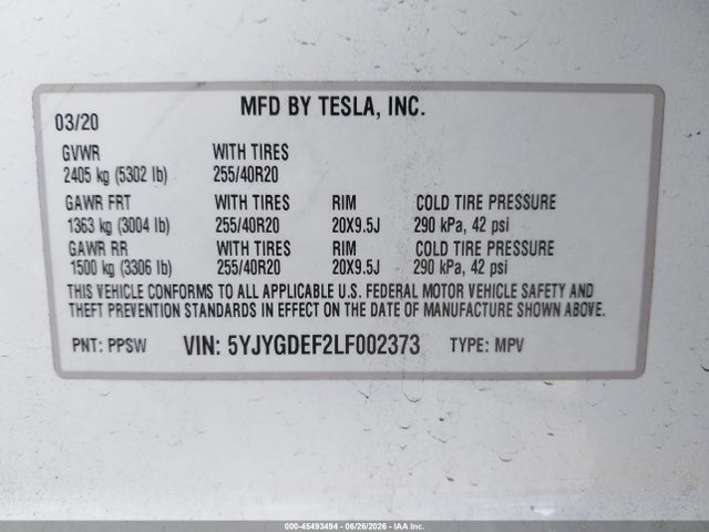 2020 Tesla Model Y Long Range Dual Motor All-wheel Drive/performance Dual Motor All-wheel Drive მანქანა იყიდება აუქციონზე, vin: 5YJYGDEF2LF002373, აუქციონის ნომერი: 45493494