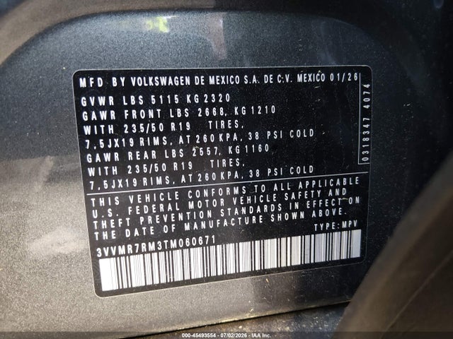 Продажа на аукционе авто 2026 Volkswagen Tiguan Se, vin: 3VVMR7RM3TM060671, номер лота: 45493554