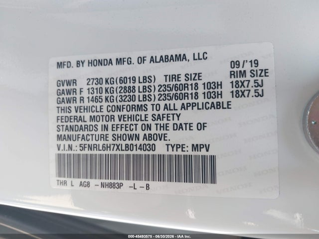 45493575 :رقم المزاد ، 5FNRL6H7XLB014030 vin ، 2020 Honda Odyssey Ex-l/ex-l W/navi   Res مزاد بيع