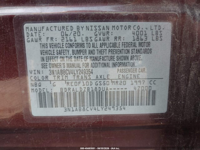 2020 Nissan Sentra Sv Xtronic Cvt მანქანა იყიდება აუქციონზე, vin: 3N1AB8CV4LY249354, აუქციონის ნომერი: 45493581