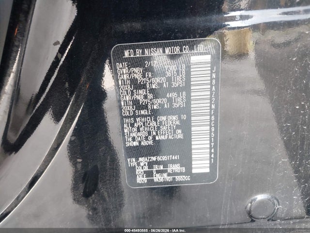 2012 Infiniti Qx56 მანქანა იყიდება აუქციონზე, vin: JN8AZ2NF6C9517441, აუქციონის ნომერი: 45493585