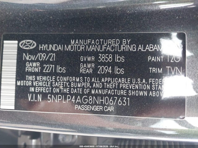 Продажа на аукционе авто 2022 Hyundai Elantra Limited, vin: 5NPLP4AG8NH067631, номер лота: 45493600