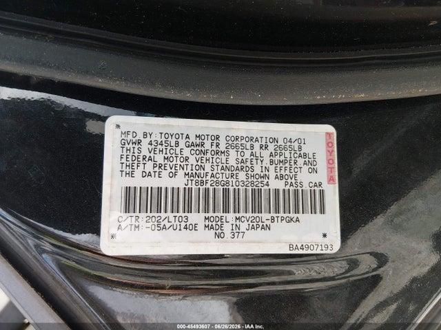 Продаж на аукціоні авто 2001 Lexus Es 300, vin: JT8BF28G810328254, номер лоту: 45493607