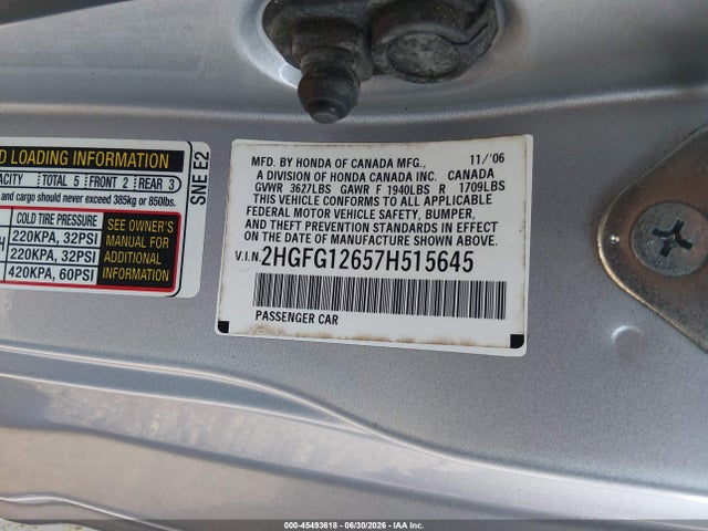 Aukcja sprzedaży 2007 Honda Civic Lx, vin: 2HGFG12657H515645, numer aukcji: 45493618