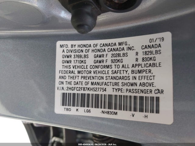 Honda Civic Sport 2019 2HGFC2F87KH527754 Image 9