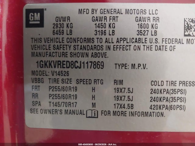 Aukcja sprzedaży 2012 Gmc Acadia Slt-1, vin: 1GKKVRED8CJ117869, numer aukcji: 45493650