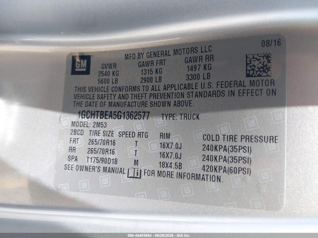 Chevrolet Colorado 4wd Wt 2016 1GCHTBEA5G1362577 Image 9