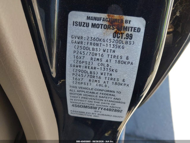 Aukcja sprzedaży 2000 Honda Passport Ex/lx, vin: 4S6DM58W7Y4402892, numer aukcji: 45493665