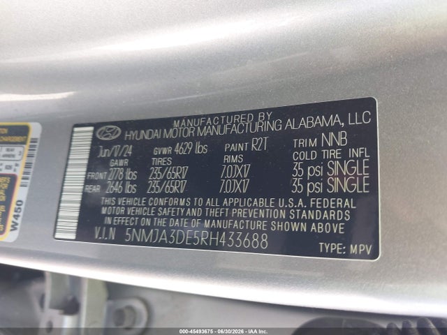 45493675 :رقم المزاد ، 5NMJA3DE5RH433688 vin ، 2024 Hyundai Tucson Se مزاد بيع