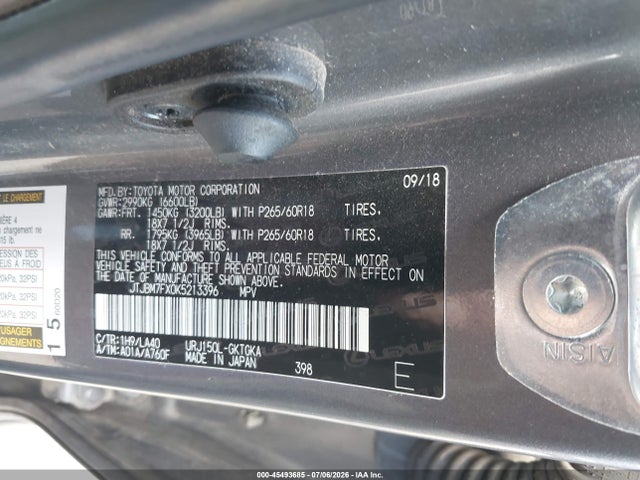 Продажа на аукционе авто 2019 Lexus Gx 460 Premium, vin: JTJBM7FX0K5213396, номер лота: 45493685