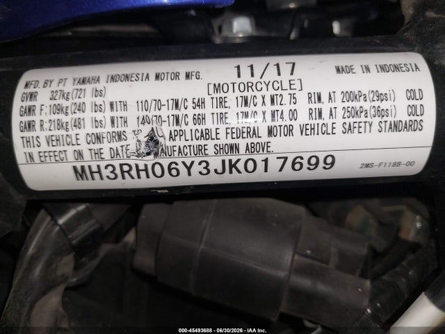 2018 Yamaha Yzfr3 მანქანა იყიდება აუქციონზე, vin: MH3RH06Y3JK017699, აუქციონის ნომერი: 45493688