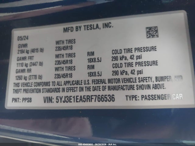 Продажа на аукционе авто 2024 Tesla Model 3, vin: 5YJ3E1EA5RF766536, номер лота: 45493693