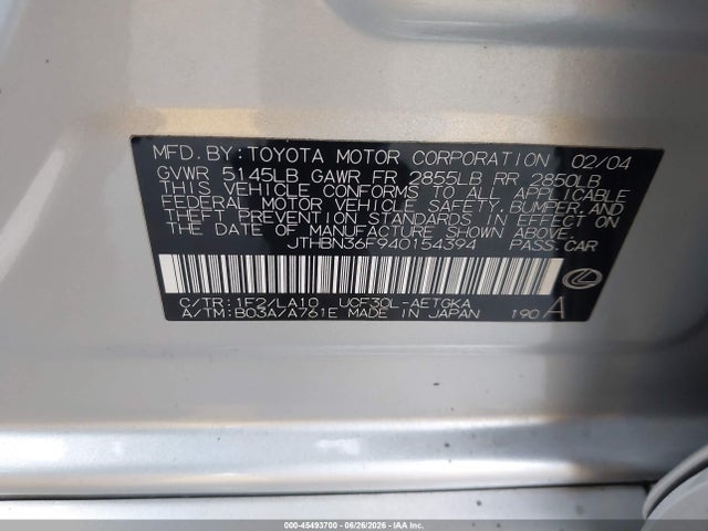 45493700 :رقم المزاد ، JTHBN36F940154394 vin ، 2004 Lexus Ls 430 مزاد بيع