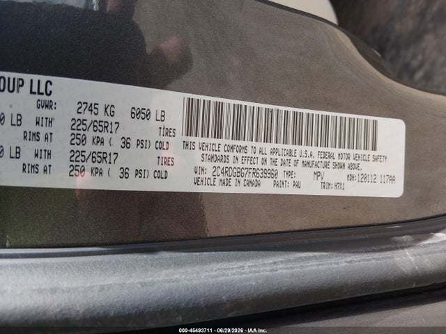 45493711 :رقم المزاد ، 2C4RDGBG7FR639960 vin ، 2015 Dodge Grand Caravan Se مزاد بيع