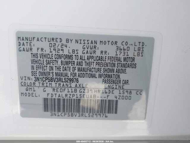 2024 Nissan Kicks S Xtronic Cvt მანქანა იყიდება აუქციონზე, vin: 3N1CP5BV3RL529976, აუქციონის ნომერი: 45493712