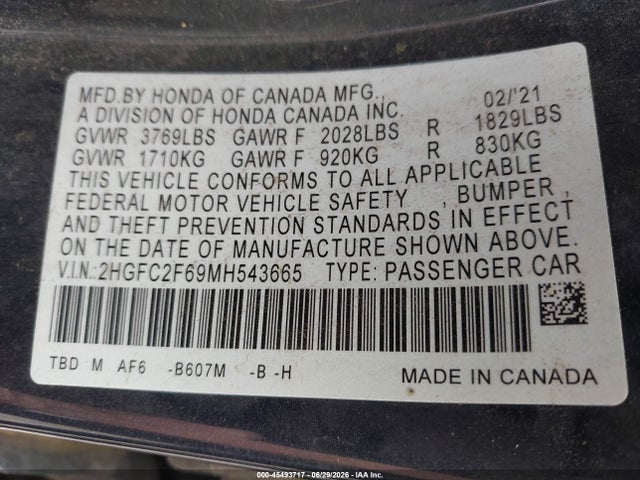 45493717 :رقم المزاد ، 2HGFC2F69MH543665 vin ، 2021 Honda Civic Lx مزاد بيع