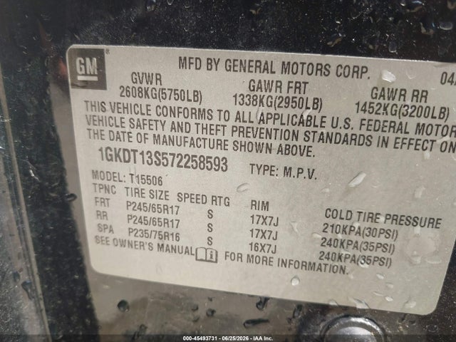 2007 Gmc Envoy Slt მანქანა იყიდება აუქციონზე, vin: 1GKDT13S572258593, აუქციონის ნომერი: 45493731