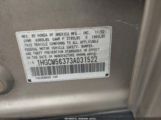 45493732 :رقم المزاد ، 1HGCM56373A031522 vin ، 2003 Honda Accord 2.4 Lx مزاد بيع