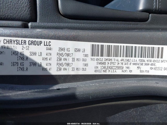 Aukcja sprzedaży 2012 Jeep Grand Cherokee Laredo, vin: 1C4RJEAG6CC258930, numer aukcji: 45493734