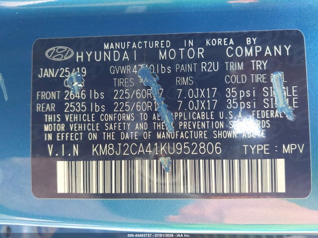 Продажа на аукционе авто 2019 Hyundai Tucson Se, vin: KM8J2CA41KU952806, номер лота: 45493737
