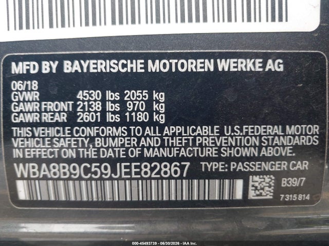 45493739 :رقم المزاد ، WBA8B9C59JEE82867 vin ، 2018 Bmw 330i مزاد بيع