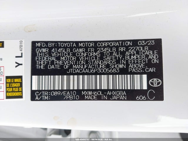 45493757 :رقم المزاد ، JTDACAAU6P3005683 vin ، 2023 Toyota Prius Xle مزاد بيع