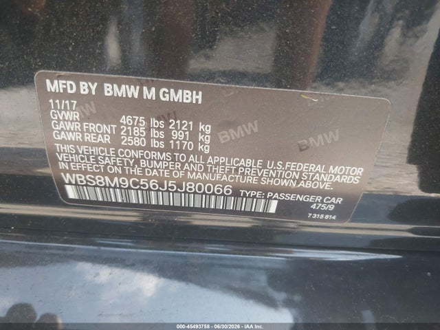 45493758 :رقم المزاد ، WBS8M9C56J5J80066 vin ، 2018 Bmw M3 Cs مزاد بيع