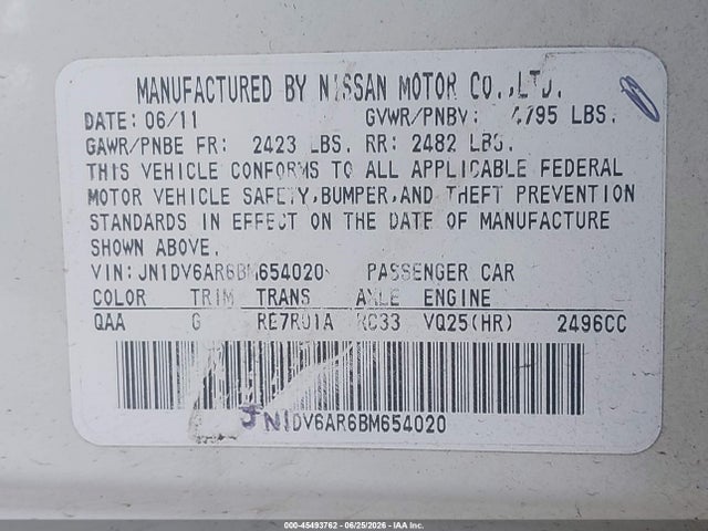 Продажа на аукционе авто 2011 Infiniti G25x, vin: JN1DV6AR6BM654020, номер лота: 45493762