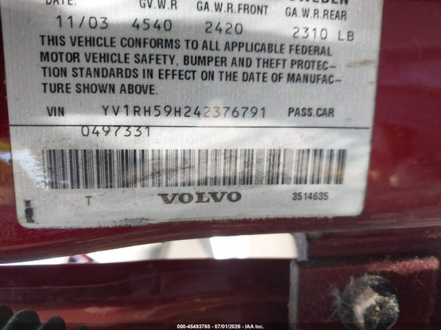 Aukcja sprzedaży 2004 Volvo S60 2.5t Awd, vin: YV1RH59H242376791, numer aukcji: 45493765