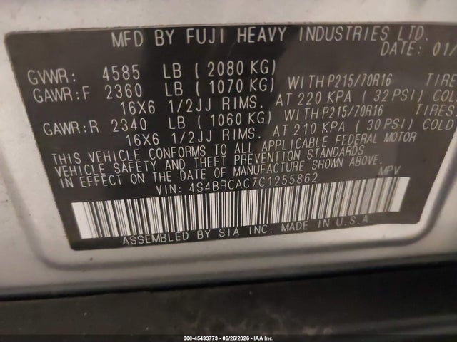 Aukcja sprzedaży 2012 Subaru Outback 2.5i, vin: 4S4BRCAC7C1255862, numer aukcji: 45493773