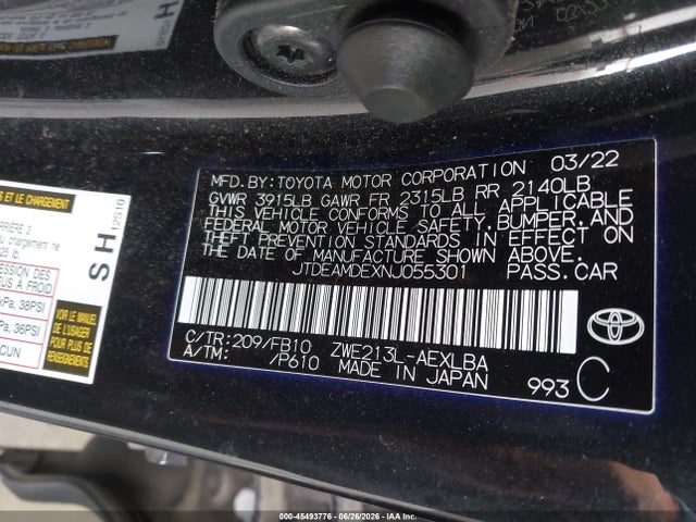 JTDEAMDEXNJ055301 Toyota Corolla Hybrid Le