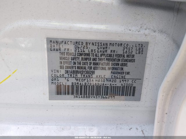 2025 Nissan Sentra S მანქანა იყიდება აუქციონზე, vin: 3N1AB8BV4SY366299, აუქციონის ნომერი: 45493778