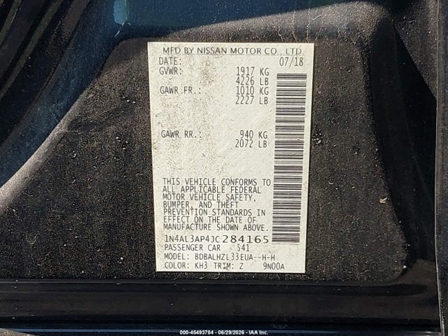 45493784 :رقم المزاد ، 1N4AL3AP4JC284165 vin ، 2018 Nissan Altima 2.5 Sr مزاد بيع