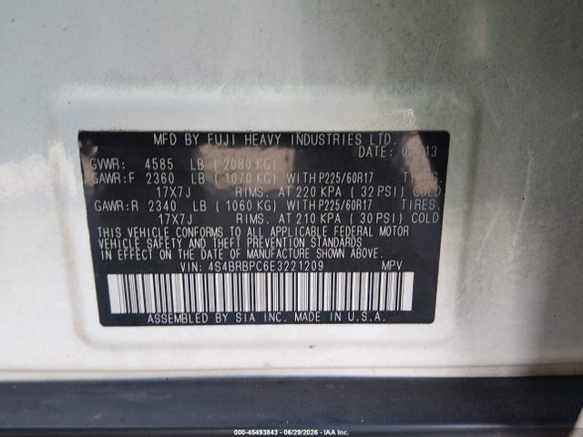 Продаж на аукціоні авто 2014 Subaru Outback 2.5i Limited, vin: 4S4BRBPC6E3221209, номер лоту: 45493843