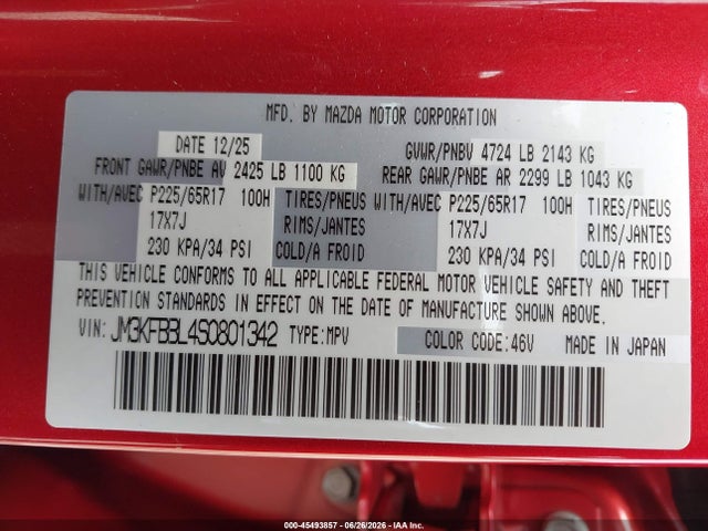 Продажа на аукционе авто 2025 Mazda Cx-5 2.5 S Select, vin: JM3KFBBL4S0801342, номер лота: 45493857