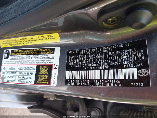 Aukcja sprzedaży 2017 Toyota Camry Se, vin: 4T1BF1FK1HU670100, numer aukcji: 45493890