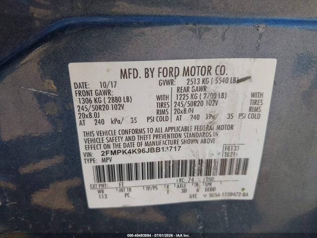 2018 Ford Edge Titanium მანქანა იყიდება აუქციონზე, vin: 2FMPK4K96JBB13717, აუქციონის ნომერი: 45493894