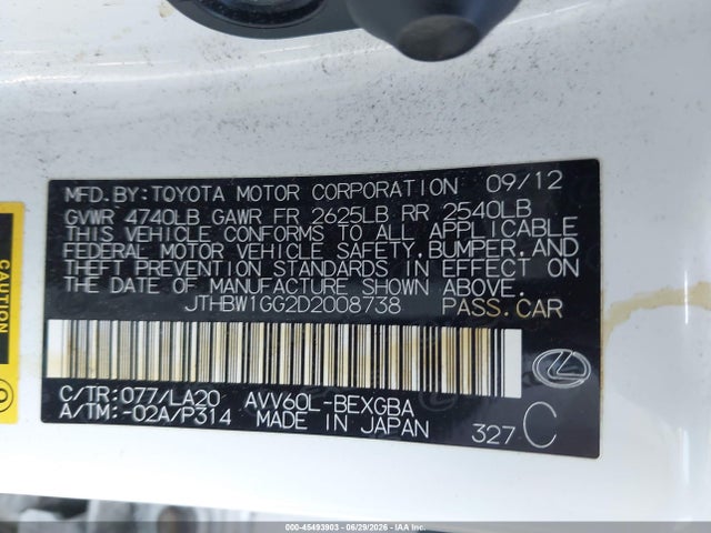 45493903 :رقم المزاد ، JTHBW1GG2D2008738 vin ، 2013 Lexus Es 300h مزاد بيع
