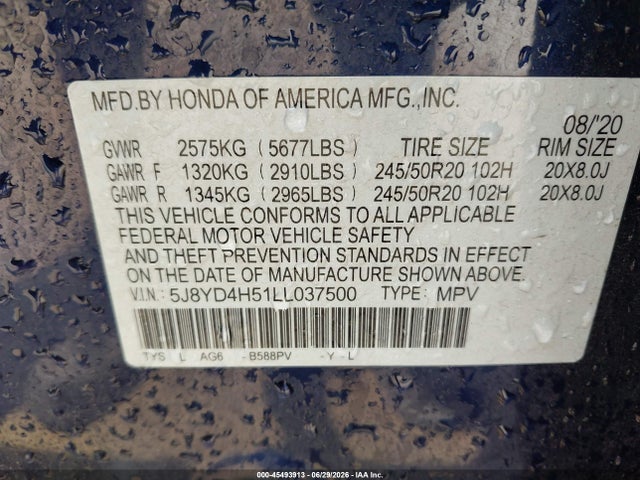 45493913 :رقم المزاد ، 5J8YD4H51LL037500 vin ، 2020 Acura Mdx Technology Package مزاد بيع