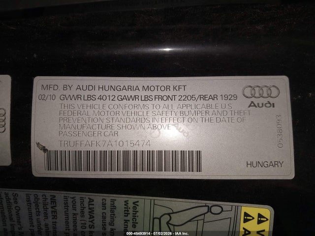 Продаж на аукціоні авто 2010 Audi Tt 2.0t Premium, vin: TRUFFAFK7A1015474, номер лоту: 45493914