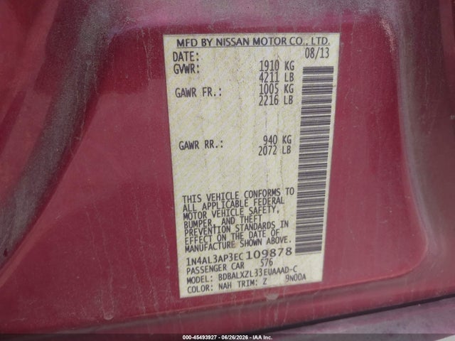 Продажа на аукционе авто 2014 Nissan Altima 2.5 Sl, vin: 1N4AL3AP3EC109878, номер лота: 45493927