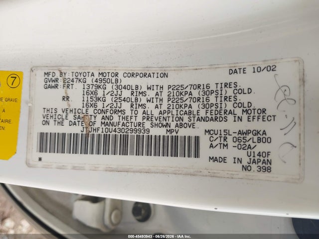 45493943 :رقم المزاد ، JTJHF10U430299939 vin ، 2003 Lexus Rx 300 مزاد بيع