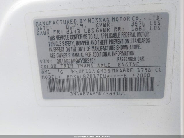 3N1AB7AP9KY383161 Nissan SENTRA S