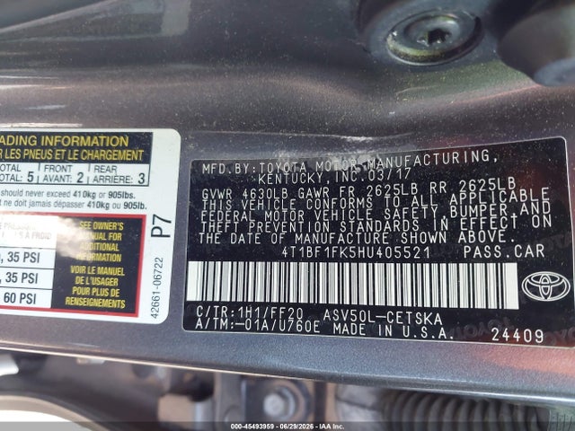 2017 Toyota Camry Se მანქანა იყიდება აუქციონზე, vin: 4T1BF1FK5HU405521, აუქციონის ნომერი: 45493959