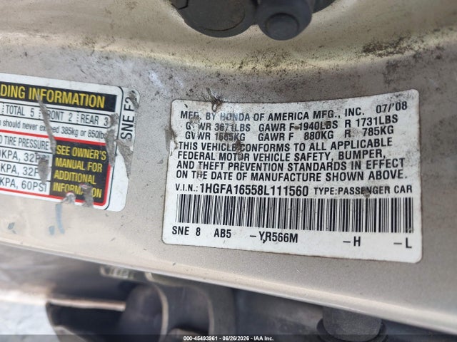 2008 Honda Civic Lx მანქანა იყიდება აუქციონზე, vin: 1HGFA16558L111560, აუქციონის ნომერი: 45493961
