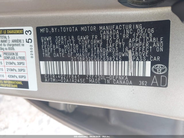 Aukcja sprzedaży 2006 Toyota Corolla Le, vin: 2T1BR32E06C698245, numer aukcji: 45493963