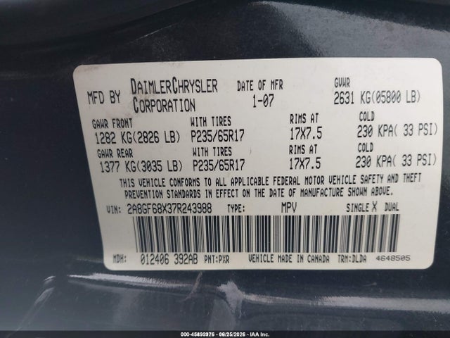 2007 Chrysler Pacifica Touring მანქანა იყიდება აუქციონზე, vin: 2A8GF68X37R243988, აუქციონის ნომერი: 45493976