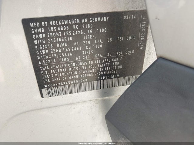 Aukcja sprzedaży 2014 Volkswagen Tiguan S, vin: WVGAV3AX4EW596748, numer aukcji: 45493988